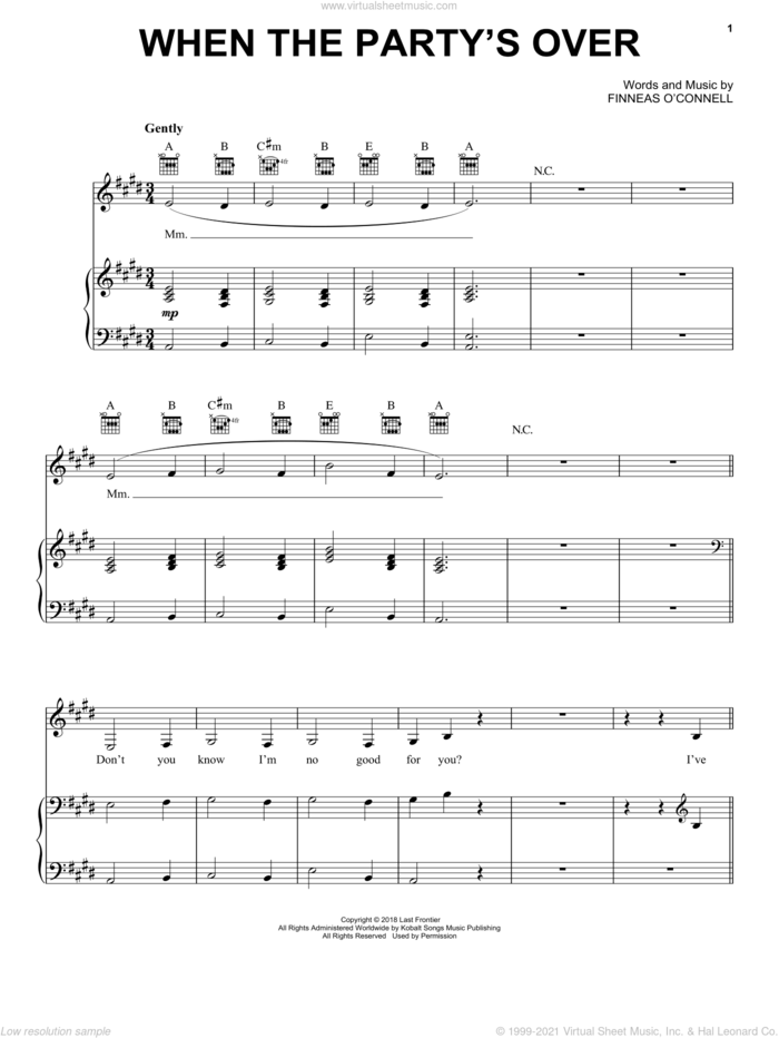when the party's over sheet music for voice, piano or guitar by Billie Eilish, intermediate skill level