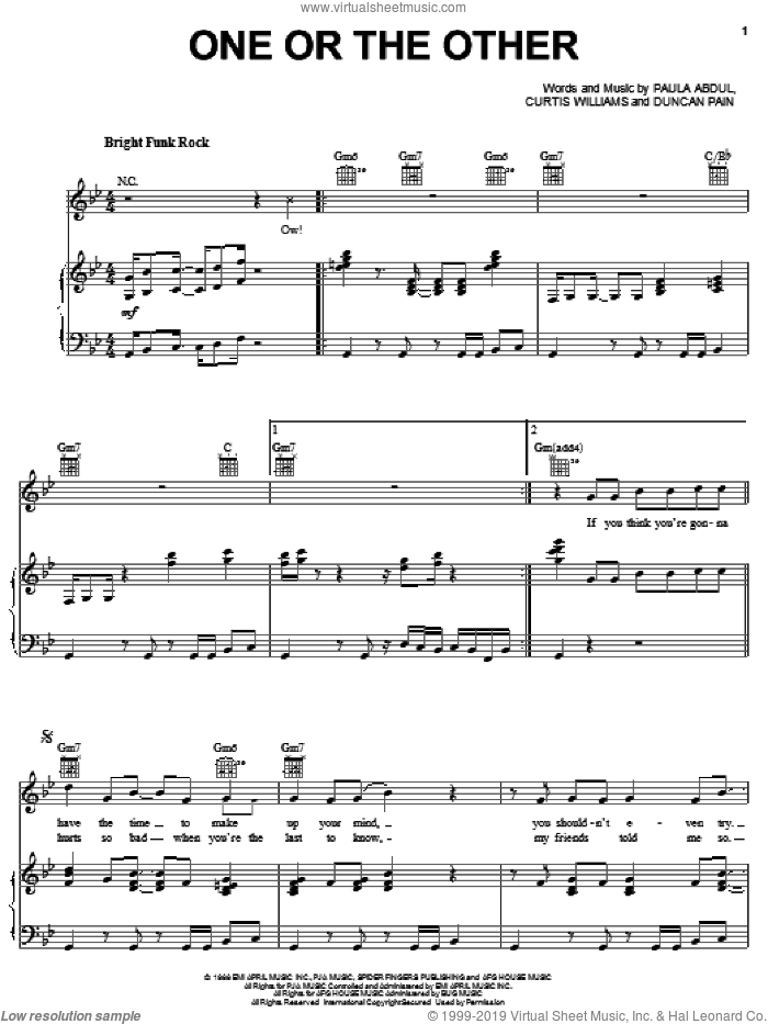 One Or The Other sheet music for voice, piano or guitar by Paula Abdul, Curtis Williams and Duncan Pain, intermediate skill level