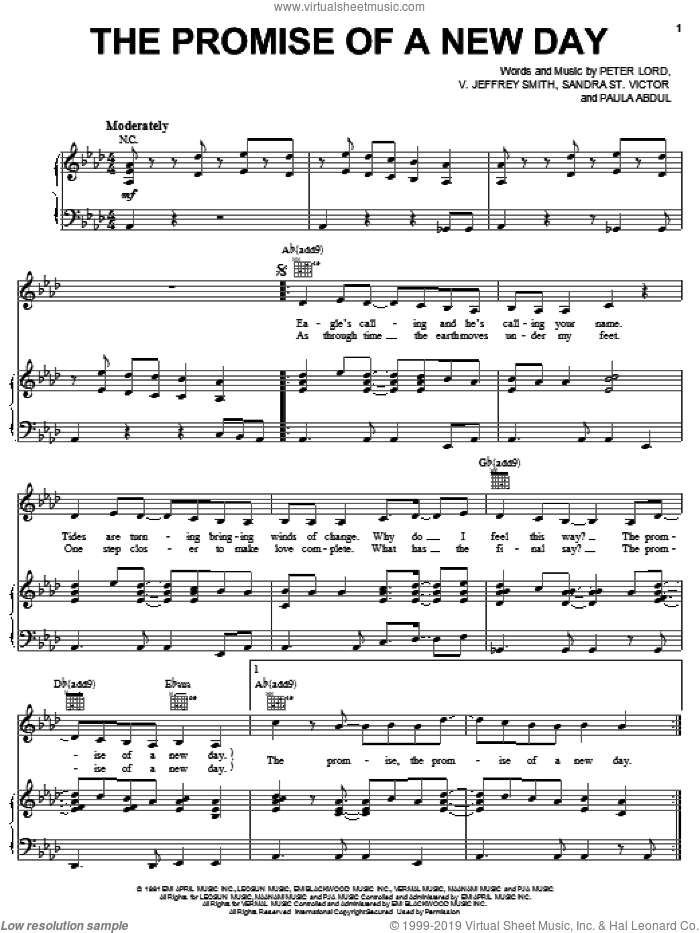 The Promise Of A New Day sheet music for voice, piano or guitar by Paula Abdul, Peter Lord, Sandra St. Victor and V. Jeffrey Smith, intermediate skill level