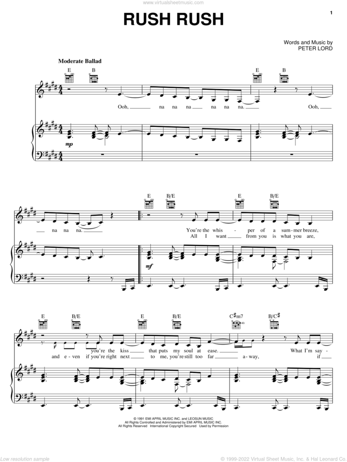 Rush Rush sheet music for voice, piano or guitar by Paula Abdul and Peter Lord, intermediate skill level