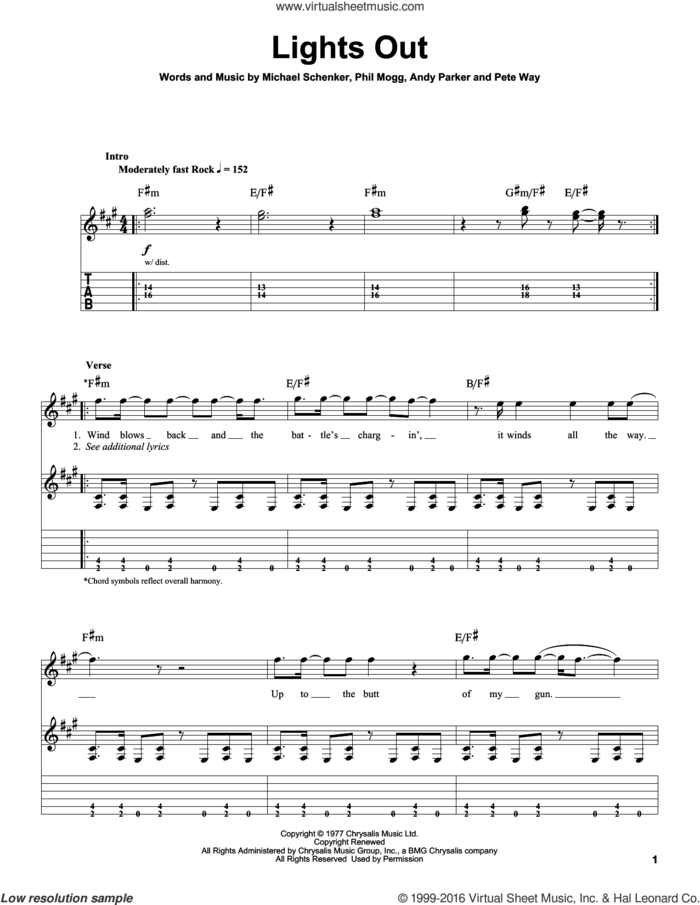 Lights Out sheet music for guitar (tablature, play-along) by UFO, Andy Parker, Michael Schenker, Pete Way and Phil Mogg, intermediate skill level