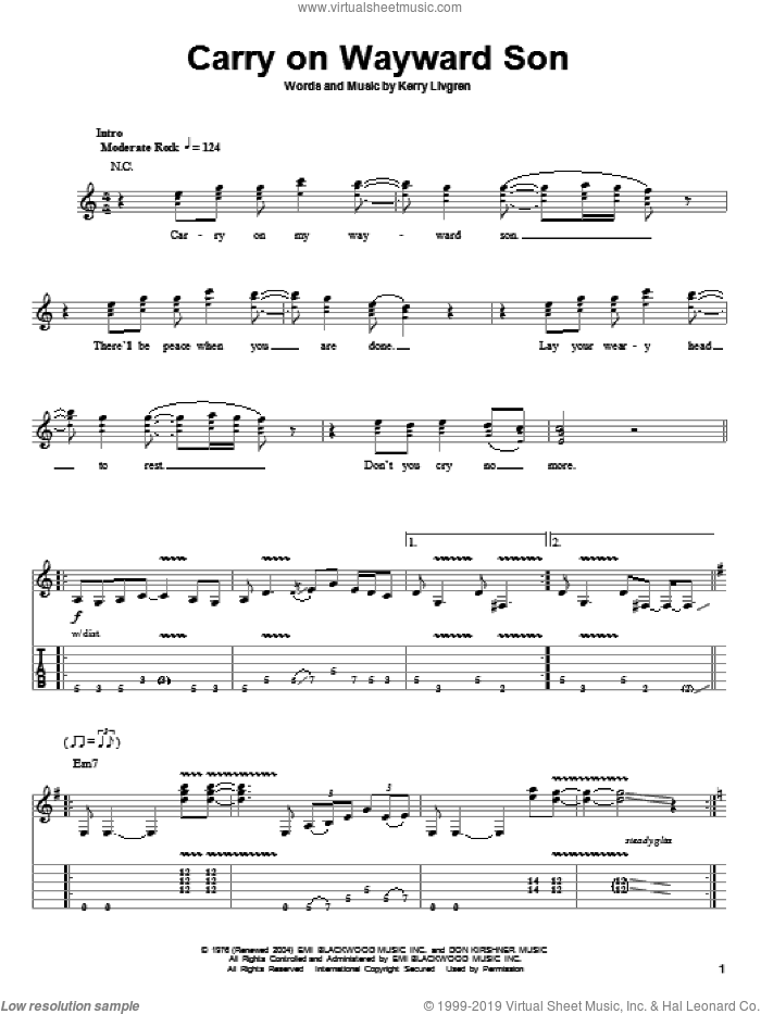 Carry On Wayward Son sheet music for guitar (tablature, play-along) by Kansas and Kerry Livgren, intermediate skill level