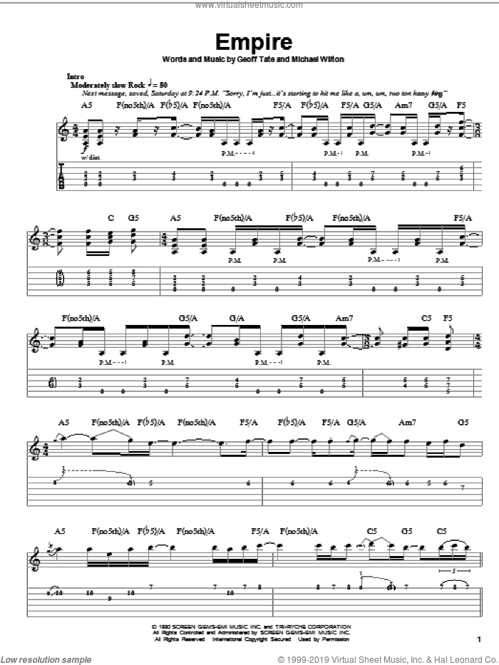 Empire sheet music for guitar (tablature, play-along) by Queensryche, Geoff Tate and Michael Wilton, intermediate skill level