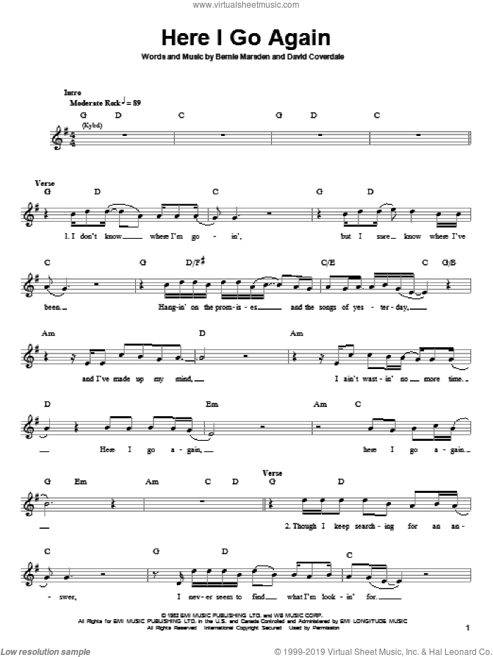 Here I Go Again sheet music for guitar (tablature, play-along) by Whitesnake, Bernie Marsden and David Coverdale, intermediate skill level