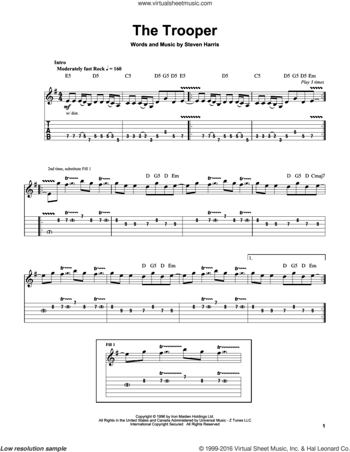 The Trooper sheet music for guitar (tablature, play-along) by Iron Maiden, Guitar Hero and Steve Harris, intermediate skill level