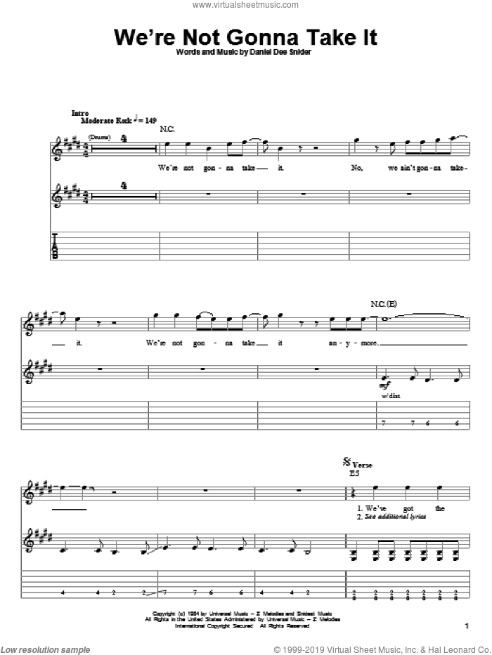 We're Not Gonna Take It sheet music for guitar (tablature, play-along) by Twisted Sister and Dee Snider, intermediate skill level