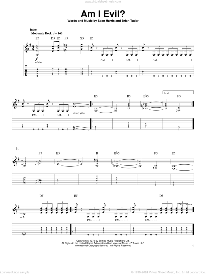 Am I Evil? sheet music for guitar (tablature, play-along) by Metallica, Brian Tatler and Sean Harris, intermediate skill level