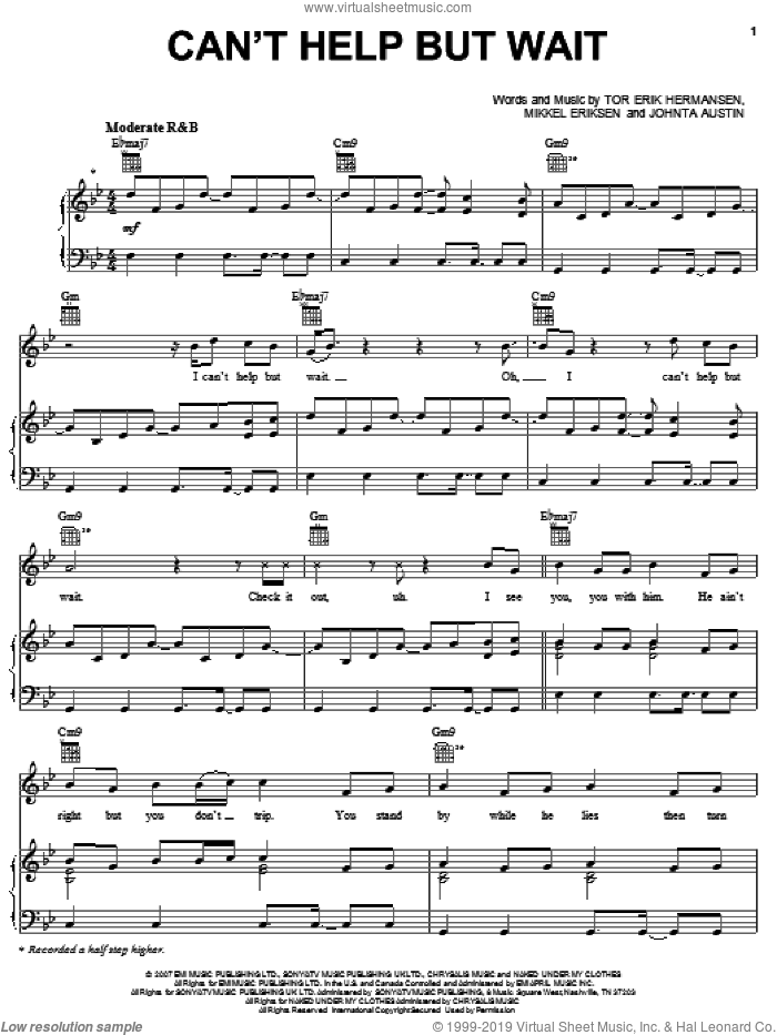 Can't Help But Wait sheet music for voice, piano or guitar by Trey Songz, Johnta Austin, Mikkel Eriksen and Tor Erik Hermansen, intermediate skill level