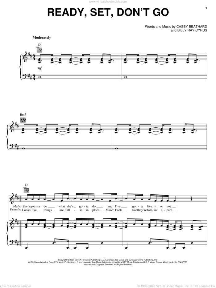 Ready, Set, Don't Go sheet music for voice, piano or guitar by Billy Ray Cyrus with Miley Cyrus, Miley Cyrus, Billy Ray Cyrus and Casey Beathard, intermediate skill level