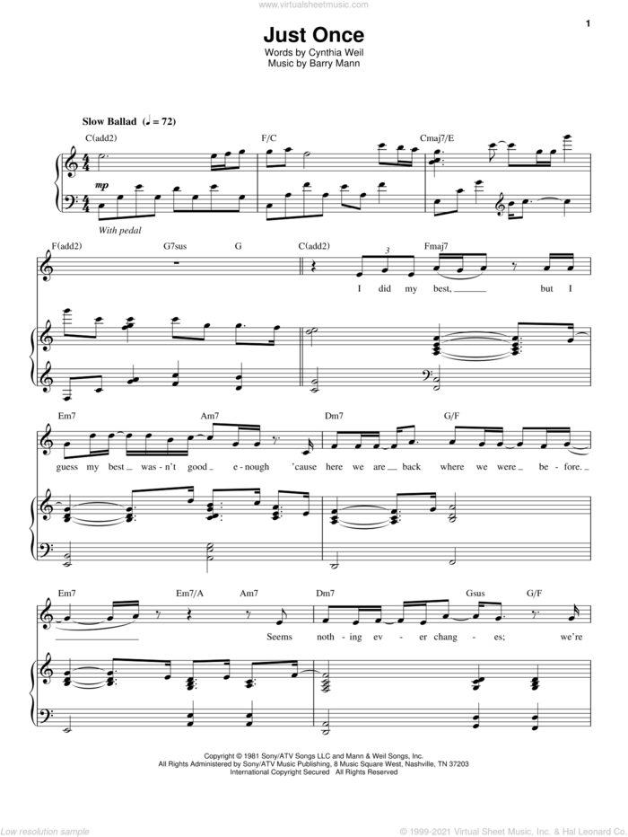 Just Once sheet music for voice and piano by Quincy Jones featuring James Ingram, James Ingram, Quincy Jones, Barry Mann and Cynthia Weil, intermediate skill level