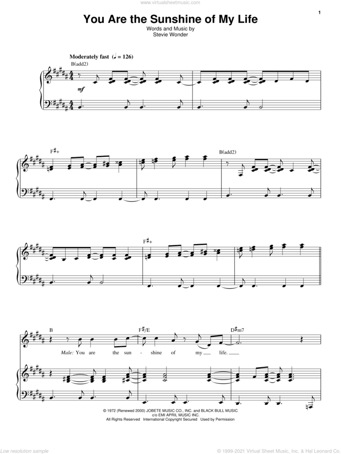 You Are The Sunshine Of My Life sheet music for voice and piano by Stevie Wonder, wedding score, intermediate skill level
