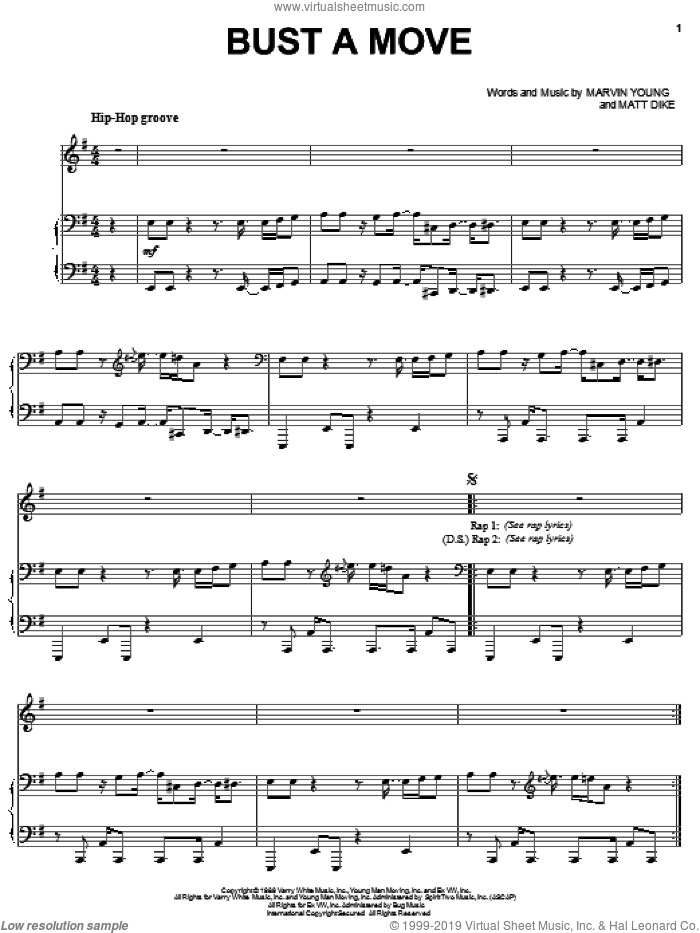 Bust A Move sheet music for voice, piano or guitar by Young MC, Marvin Young and Matt Dike, intermediate skill level
