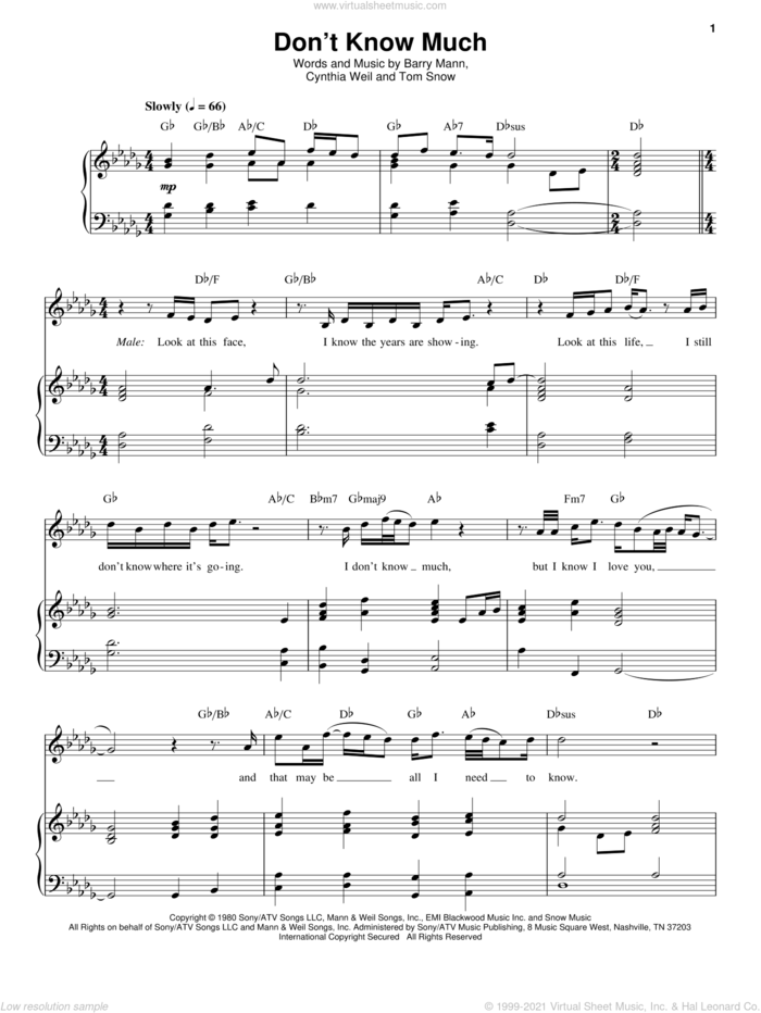 Don't Know Much sheet music for voice and piano by Aaron Neville and Linda Ronstadt, Aaron Neville, Linda Ronstadt, Linda Ronstadt and Aaron Neville, Barry Mann, Cynthia Weil and Tom Snow, wedding score, intermediate skill level