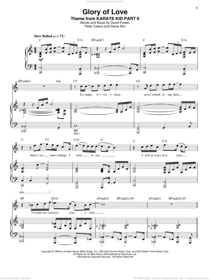 Glory Of Love sheet music for voice and piano by Peter Cetera, David Foster and Diane Nini, intermediate skill level