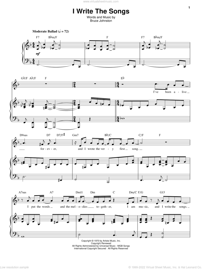 I Write The Songs sheet music for voice and piano by Barry Manilow and Bruce Johnston, intermediate skill level