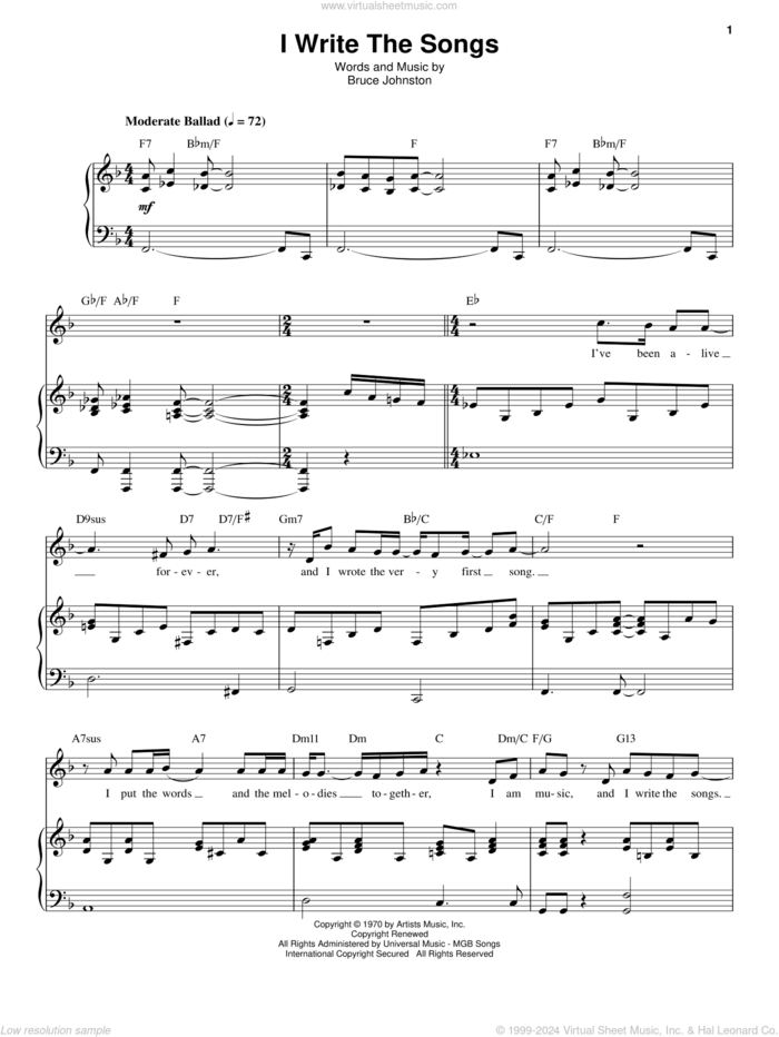 I Write The Songs sheet music for voice and piano by Barry Manilow and Bruce Johnston, intermediate skill level