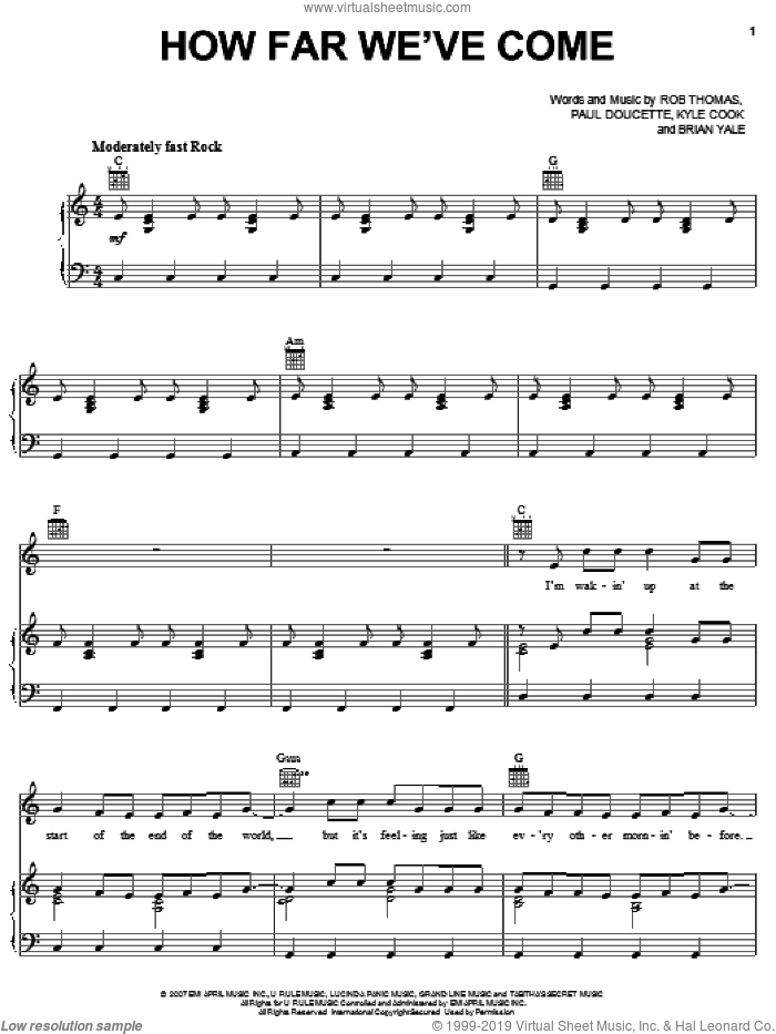 How Far We've Come sheet music for voice, piano or guitar by Matchbox Twenty, Matchbox 20, Brian Yale, Kyle Cook, Paul Doucette and Rob Thomas, intermediate skill level