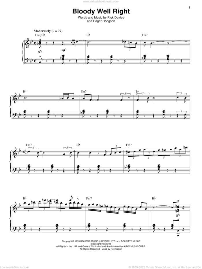 Bloody Well Right sheet music for voice and piano by Supertramp, Rick Davies and Roger Hodgson, intermediate skill level