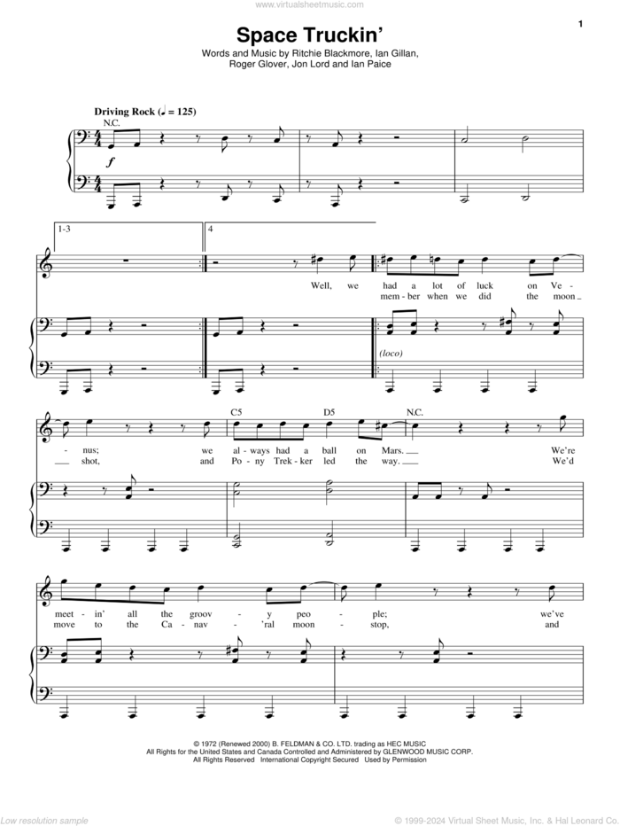 Space Truckin' sheet music for voice and piano by Deep Purple, Ian Gillan, Ian Paice, Jon Lord, Ritchie Blackmore and Roger Glover, intermediate skill level