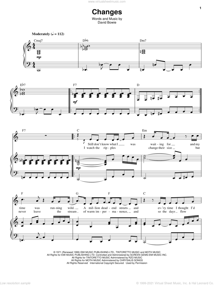 Changes sheet music for voice and piano by David Bowie, intermediate skill level