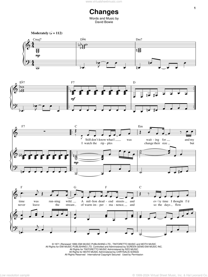 Changes sheet music for voice and piano by David Bowie, intermediate skill level