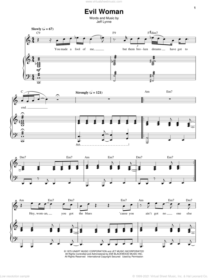 Evil Woman sheet music for voice and piano by Electric Light Orchestra and Jeff Lynne, intermediate skill level