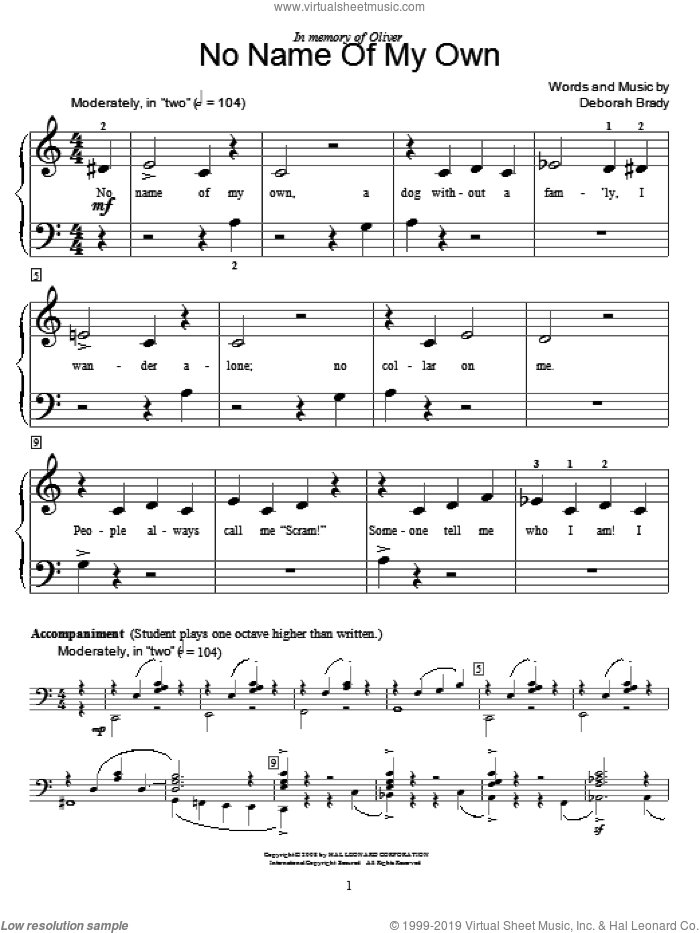 No Name Of My Own sheet music for piano solo (elementary) by Deborah Brady and Miscellaneous, beginner piano (elementary)