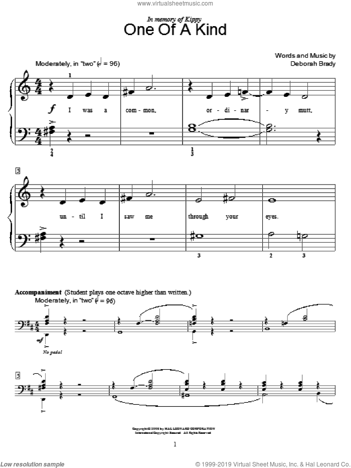 One Of A Kind sheet music for piano solo (elementary) by Deborah Brady and Miscellaneous, beginner piano (elementary)