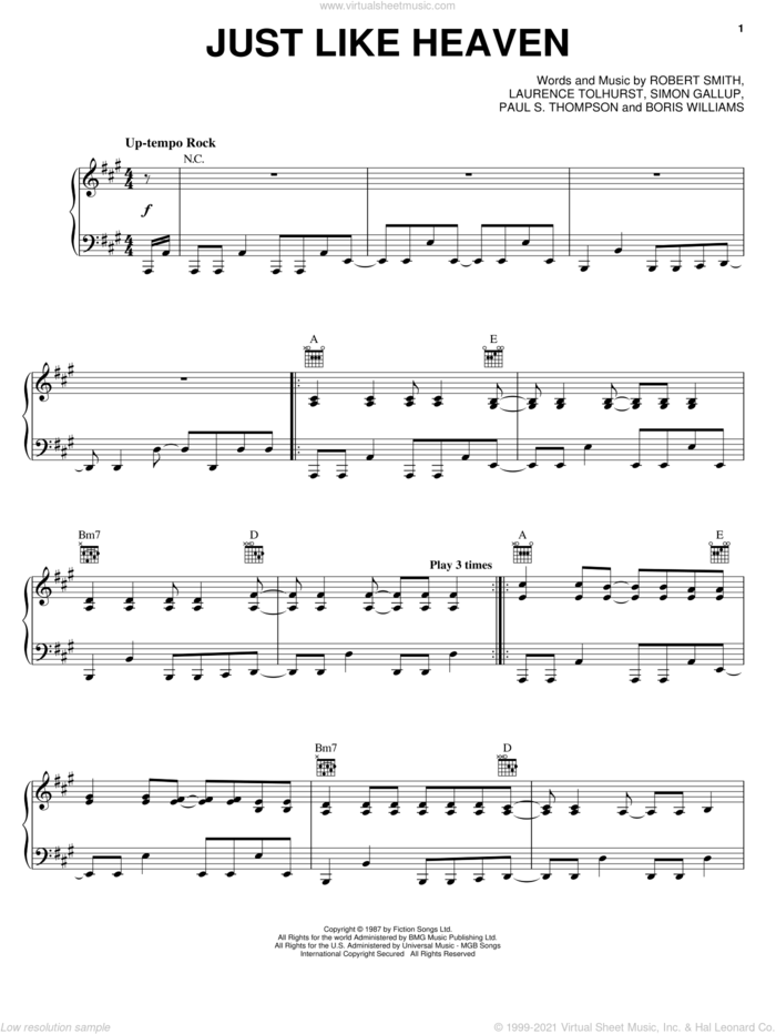 Just Like Heaven sheet music for voice, piano or guitar by The Cure, Boris Williams, Laurence Tolhurst, Paul S. Thompson, Robert Smith and Simon Gallup, intermediate skill level