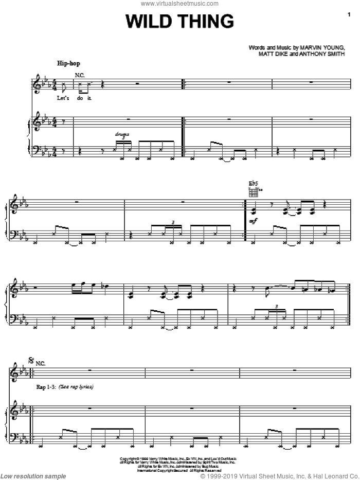 Wild Thing sheet music for voice, piano or guitar by Tone-Loc, Anthony Smith, Marvin Young and Matt Dike, intermediate skill level