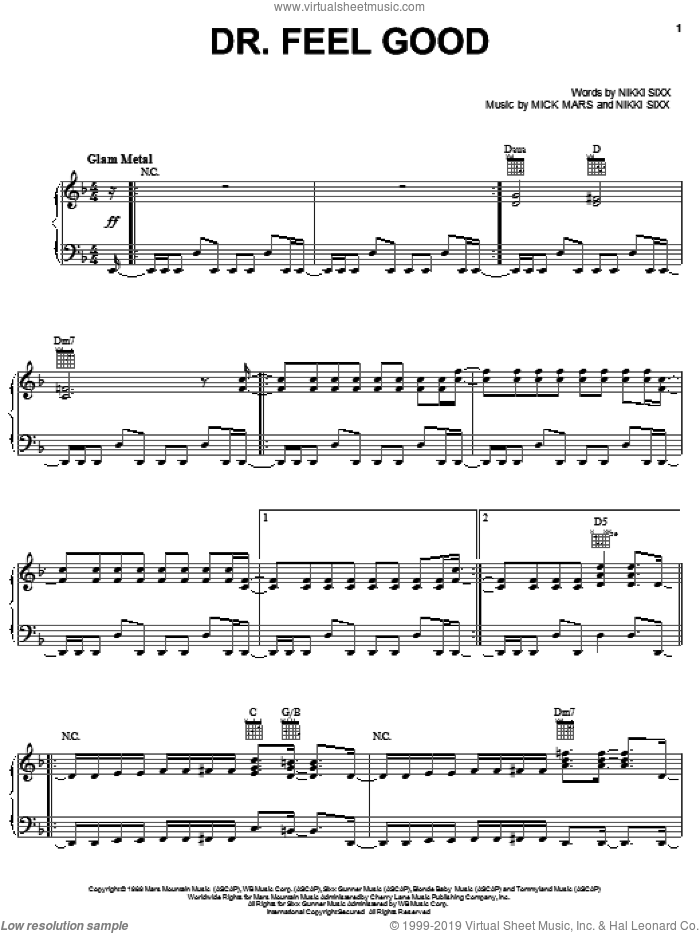 Dr. Feel Good sheet music for voice, piano or guitar by Motley Crue, Mick Mars and Nikki Sixx, intermediate skill level