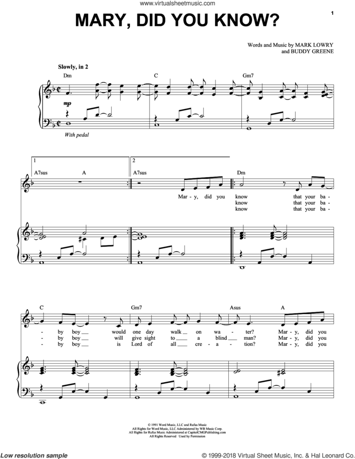 Mary, Did You Know? sheet music for voice and piano by Buddy Greene, Kathy Mattea and Mark Lowry, intermediate skill level