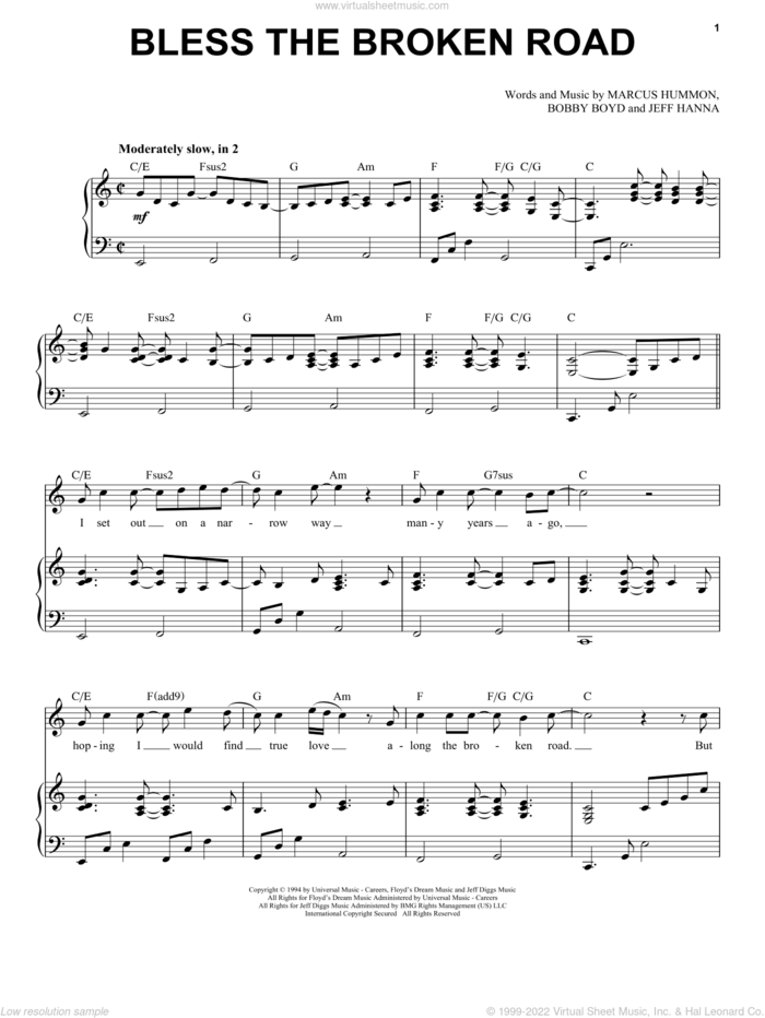 Bless The Broken Road sheet music for voice and piano by Rascal Flatts, Bobby Boyd, Jeffrey Hanna and Marcus Hummon, wedding score, intermediate skill level