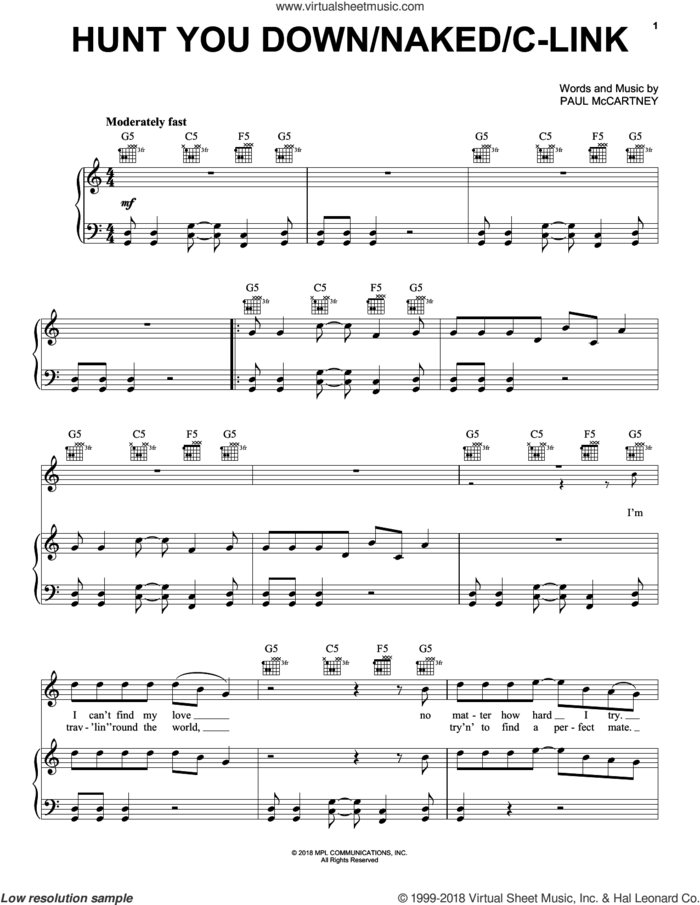 Hunt You Down sheet music for voice, piano or guitar by Paul McCartney, intermediate skill level