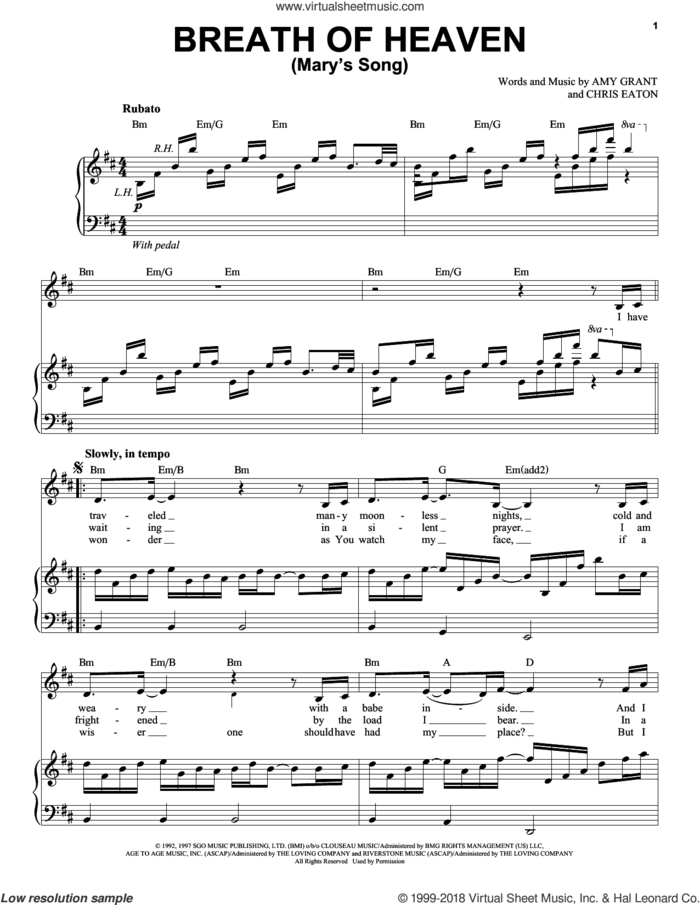 Breath Of Heaven (Mary's Song) sheet music for voice and piano by Amy Grant and Chris Eaton, intermediate skill level