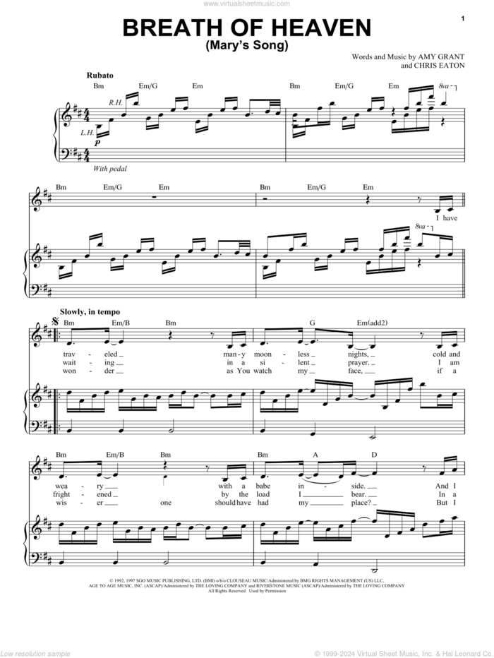 Breath Of Heaven (Mary's Song) sheet music for voice and piano by Amy Grant and Chris Eaton, intermediate skill level