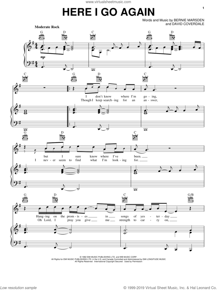 Here I Go Again sheet music for voice, piano or guitar by Whitesnake, Rock Of Ages (Musical), Bernie Marsden and David Coverdale, intermediate skill level
