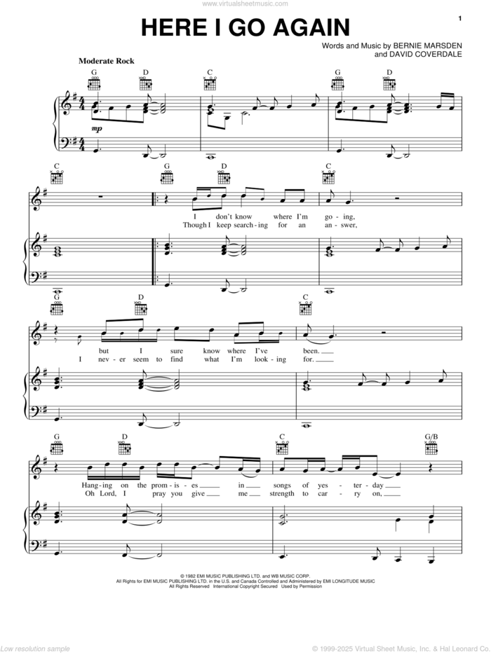 Here I Go Again sheet music for voice, piano or guitar by Whitesnake, Rock Of Ages (Musical), Bernie Marsden and David Coverdale, intermediate skill level