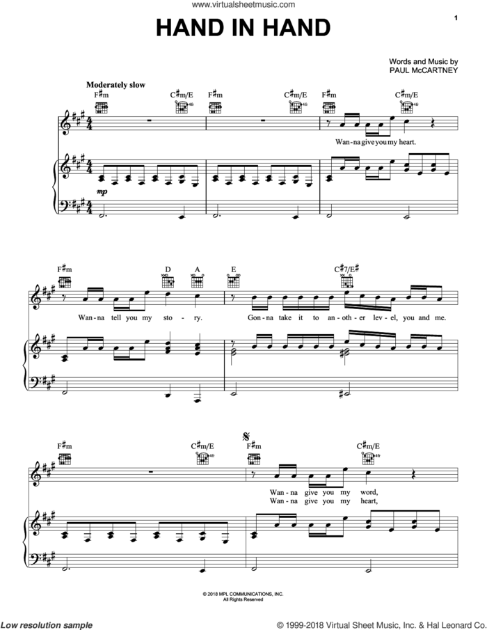 Hand In Hand sheet music for voice, piano or guitar by Paul McCartney, intermediate skill level