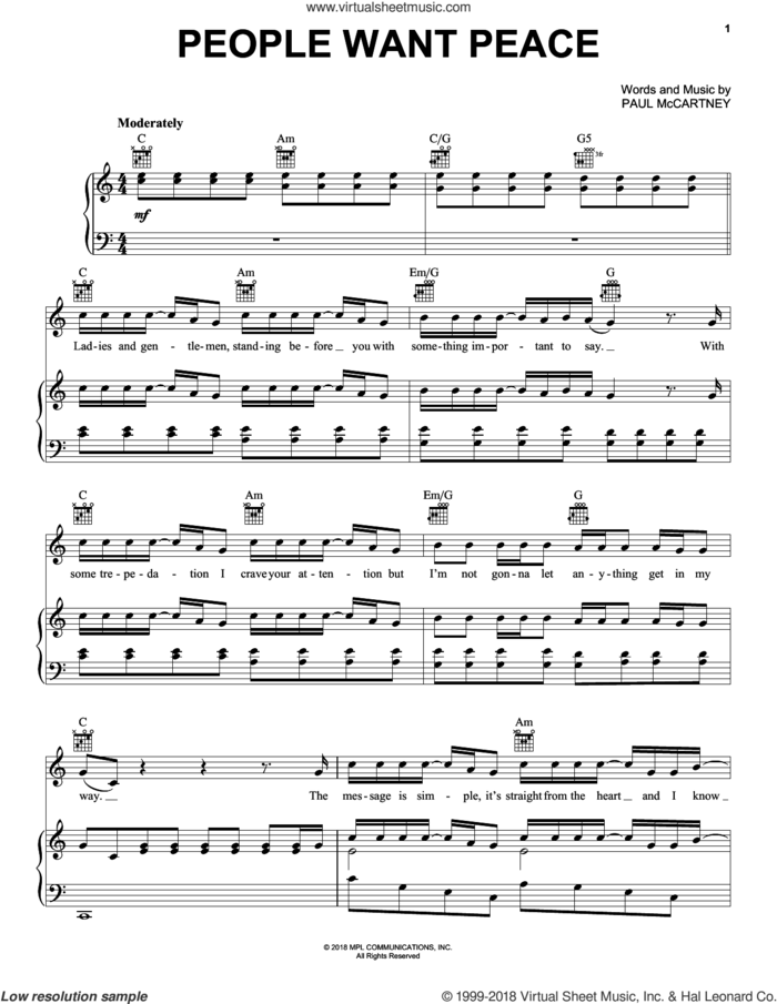 People Want Peace sheet music for voice, piano or guitar by Paul McCartney, intermediate skill level