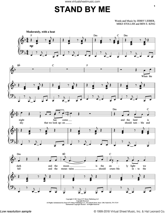 Stand By Me sheet music for voice and piano by Ben E. King, Jerry Leiber and Mike Stoller, intermediate skill level
