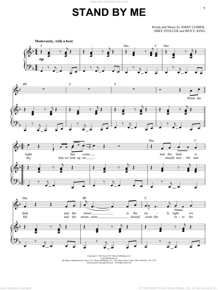 Stand By Me sheet music for voice and piano by Ben E. King, Jerry Leiber and Mike Stoller, intermediate skill level