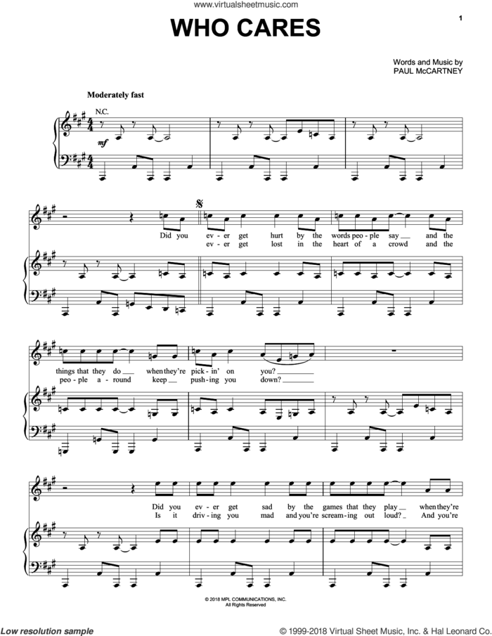 Who Cares sheet music for voice, piano or guitar by Paul McCartney, intermediate skill level