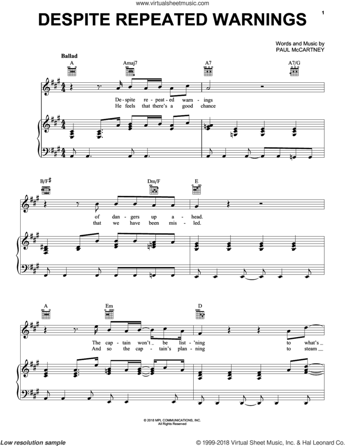 Despite Repeated Warnings sheet music for voice, piano or guitar by Paul McCartney, intermediate skill level