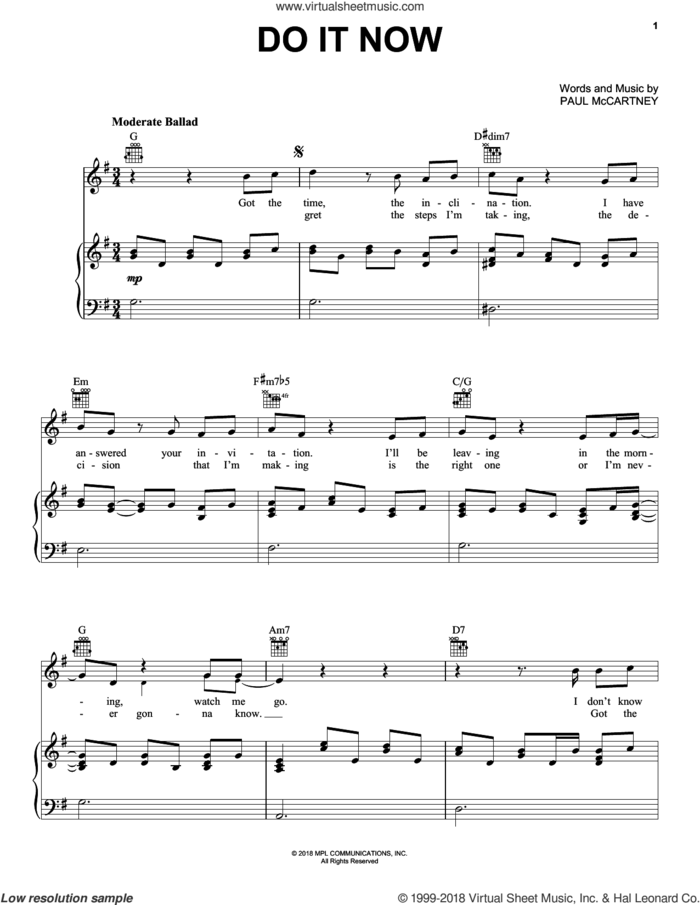 Do It Now sheet music for voice, piano or guitar by Paul McCartney, intermediate skill level
