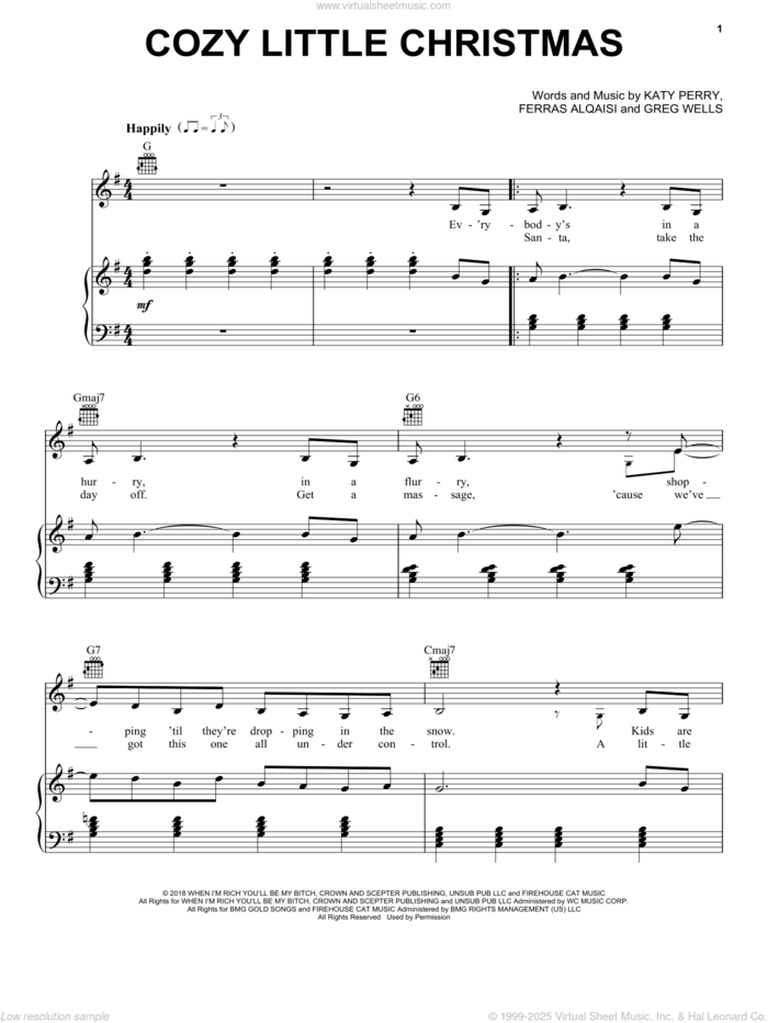 Cozy Little Christmas sheet music for voice, piano or guitar by Katy Perry, Ferras Alqaisi and Greg Wells, intermediate skill level