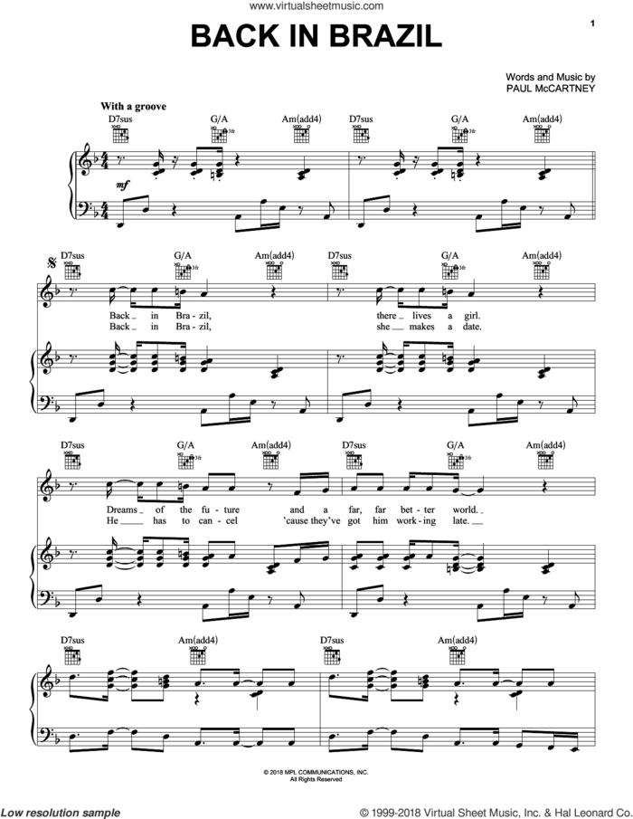 Back In Brazil sheet music for voice, piano or guitar by Paul McCartney, intermediate skill level