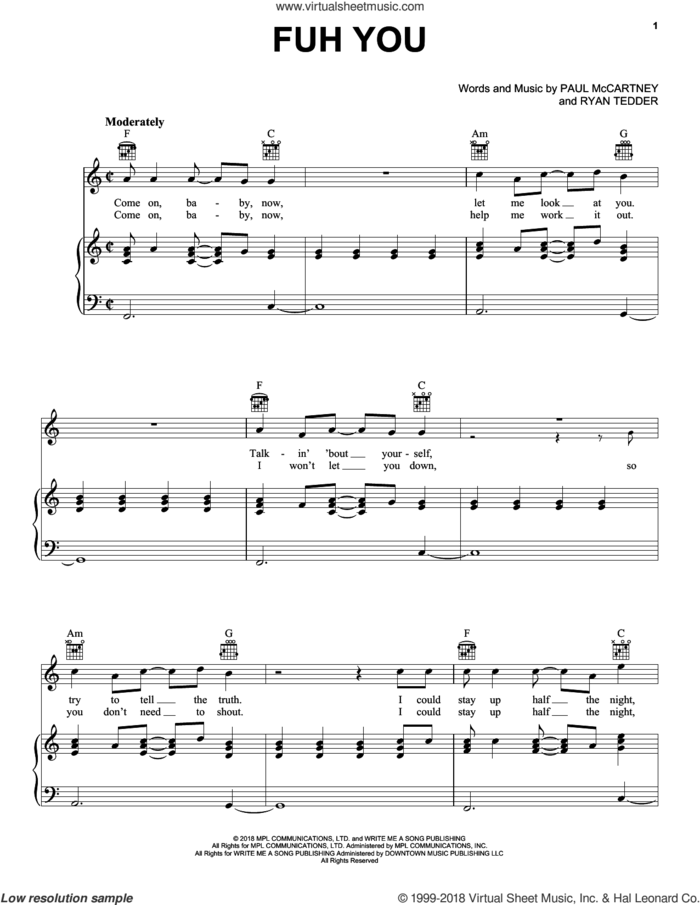 Fuh You sheet music for voice, piano or guitar by Paul McCartney and Ryan Tedder, intermediate skill level