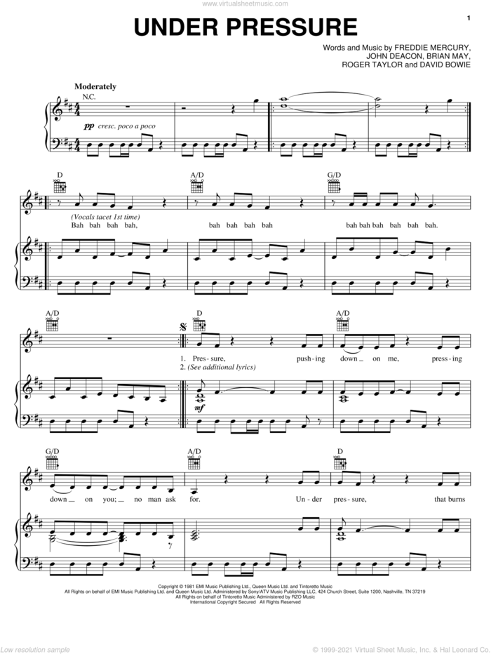 Under Pressure sheet music for voice, piano or guitar by Queen & David Bowie, Queen, Queen and David Bowie, Brian May, David Bowie, Freddie Mercury, John Deacon and Roger Taylor, intermediate skill level