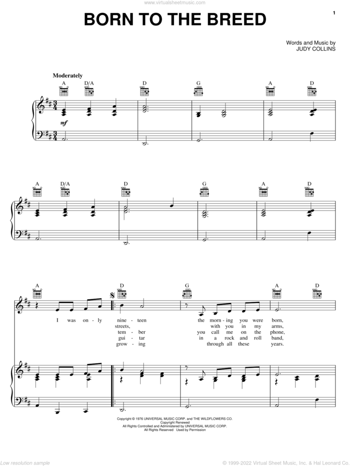Born To The Breed sheet music for voice, piano or guitar by Judy Collins, intermediate skill level